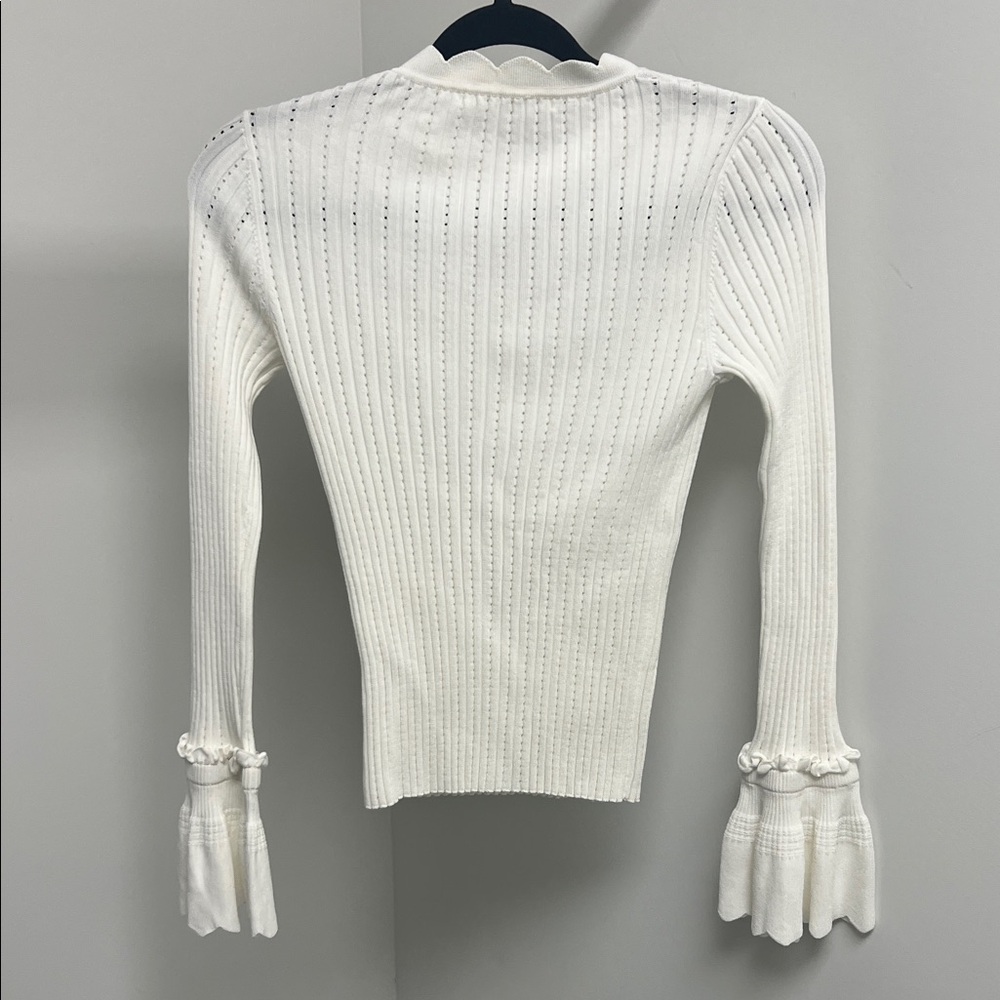 Jonathan Simkhai White Ribbed Sweaterwith Ruffled Cuffs - Picture 3 of 5